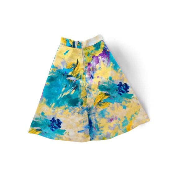 H&M Watercolor Brocade Midi Skirt Size 4 Yellow Teal Purple A-Line Abstract Art - Picture 3 of 14